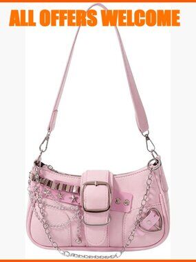 PU Leather Y2K Star Embroidery Hobo Handbag with Chain
